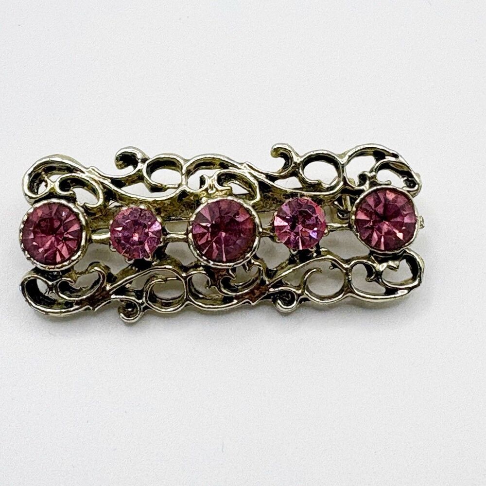 Scroll Bar Brooch Pin Pink Rhinestones Vintage Silver Tone